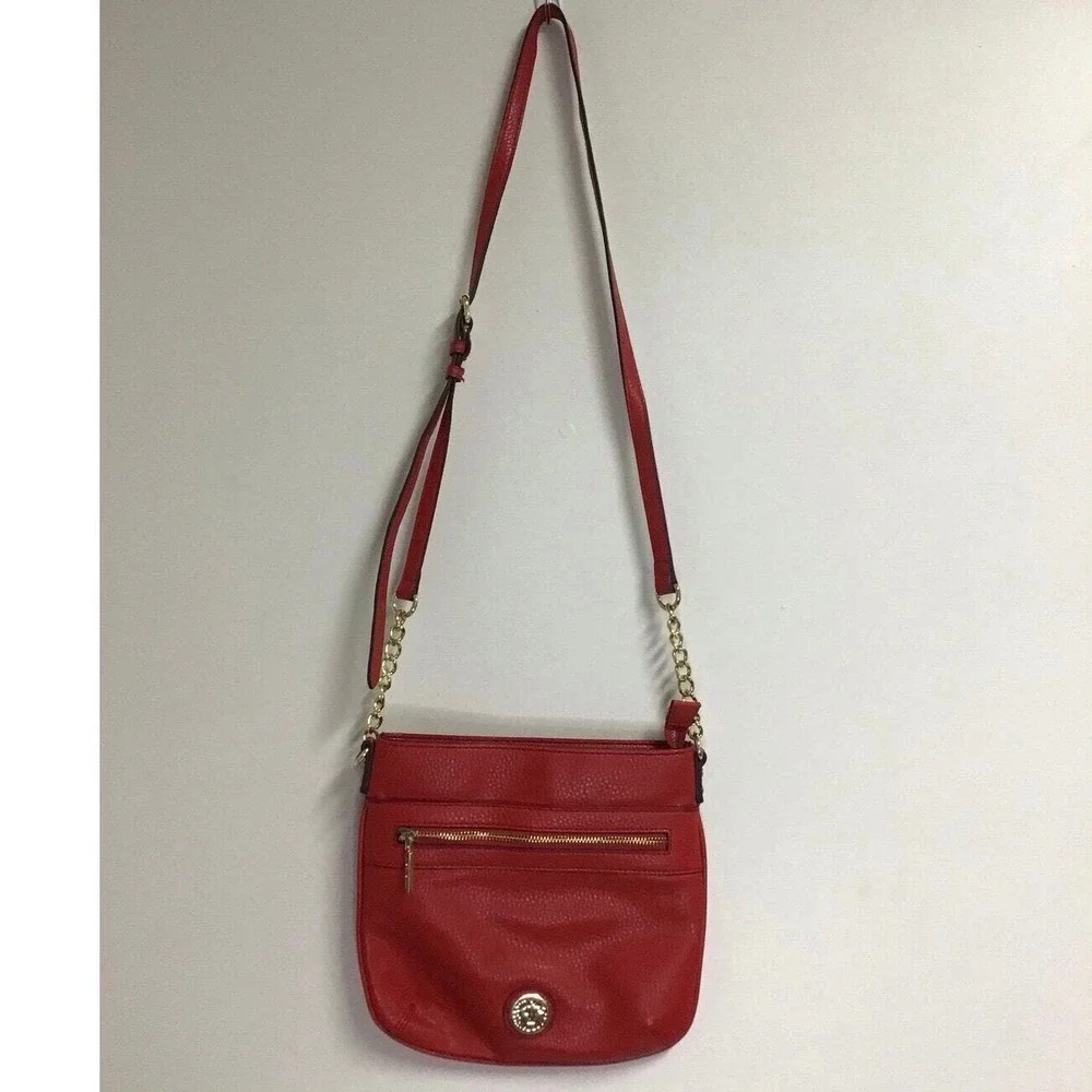Anne Klein Red Leather Handbag with Polka Dot Interior